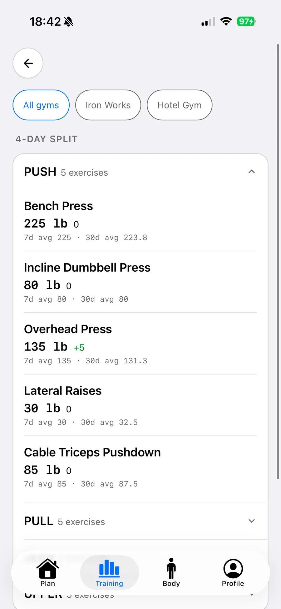 Weight overview in gymLog filtered by gym: All gyms, Iron Works and Hotel Gym, with 7-day and 30-day averages per exercise